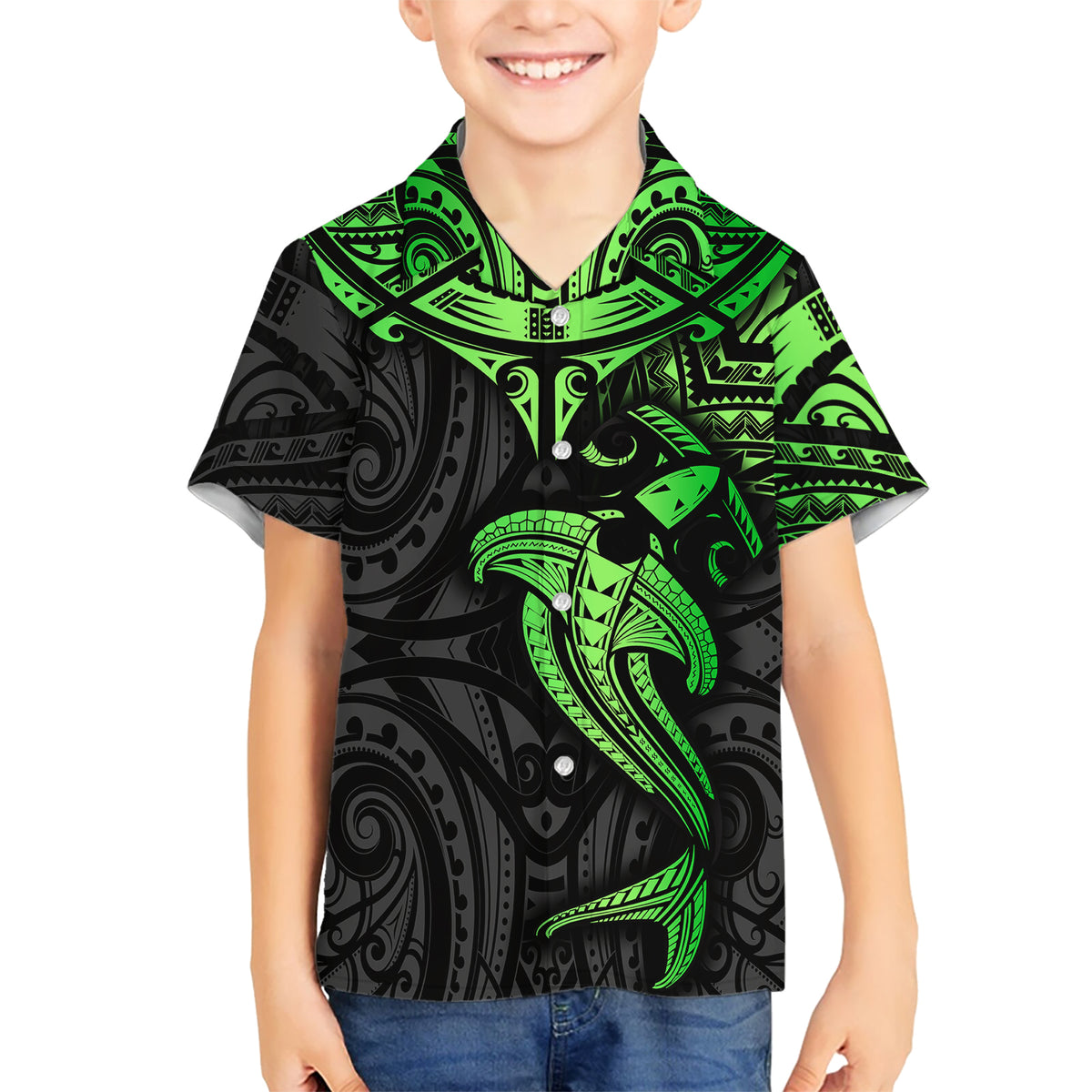 Polynesian Kid Hawaiian Shirt Hammerhead Shark Tribal Pattern Black Green Version TS04 Kid Black Green - Polynesian Pride