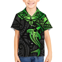 Polynesian Kid Hawaiian Shirt Hammerhead Shark Tribal Pattern Black Green Version TS04 Kid Black Green - Polynesian Pride