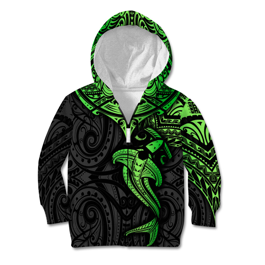 Polynesian Kid Hoodie Hammerhead Shark Tribal Pattern Black Green Version TS04 Zip Hoodie Black Green - Polynesian Pride
