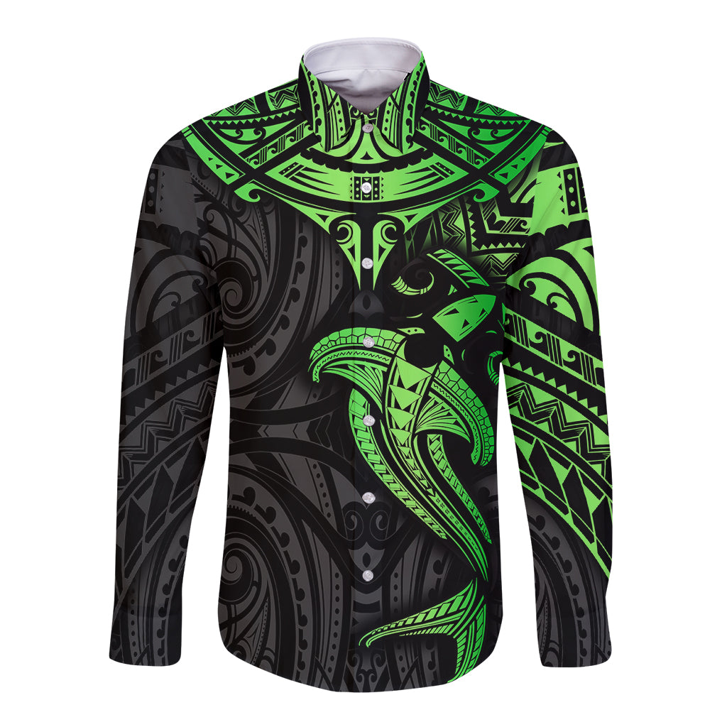 Polynesian Long Sleeve Button Shirt Hammerhead Shark Tribal Pattern Black Green Version TS04 Unisex Black Green - Polynesian Pride