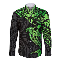 Polynesian Long Sleeve Button Shirt Hammerhead Shark Tribal Pattern Black Green Version TS04 Unisex Black Green - Polynesian Pride