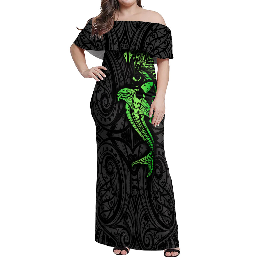 Polynesian Off Shoulder Maxi Dress Hammerhead Shark Tribal Pattern Black Green Version TS04 Women Black Green - Polynesian Pride