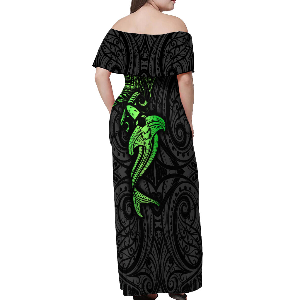 Polynesian Off Shoulder Maxi Dress Hammerhead Shark Tribal Pattern Black Green Version TS04 - Polynesian Pride