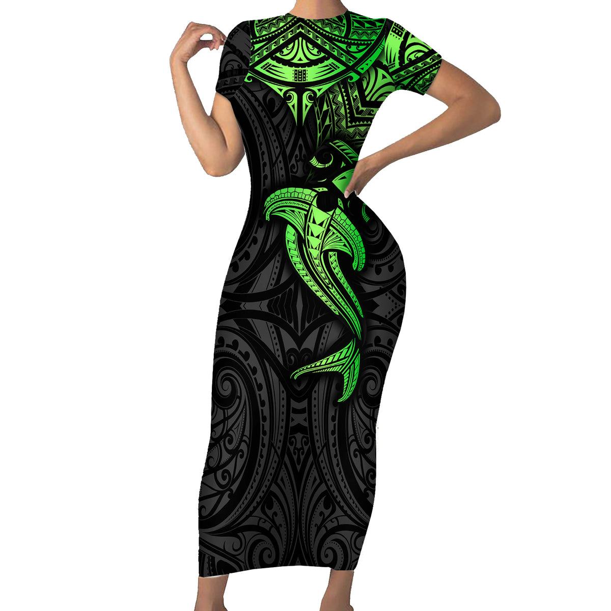 Polynesian Short Sleeve Bodycon Dress Hammerhead Shark Tribal Pattern Black Green Version TS04 Long Dress Black/Green - Polynesian Pride