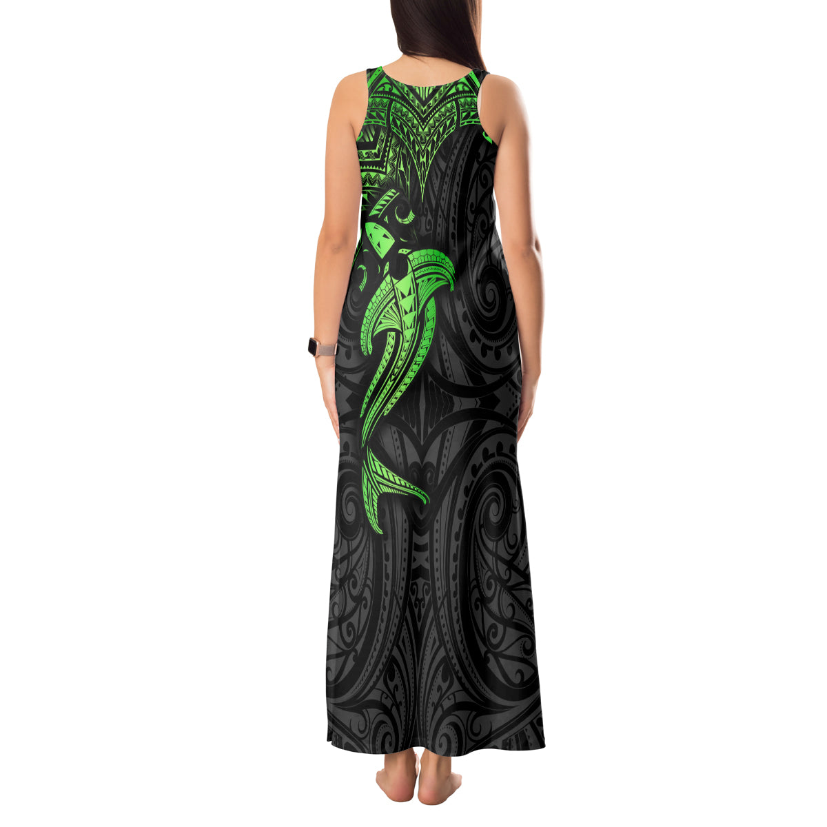 Polynesian Tank Maxi Dress Hammerhead Shark Tribal Pattern Black Green Version TS04 - Polynesian Pride