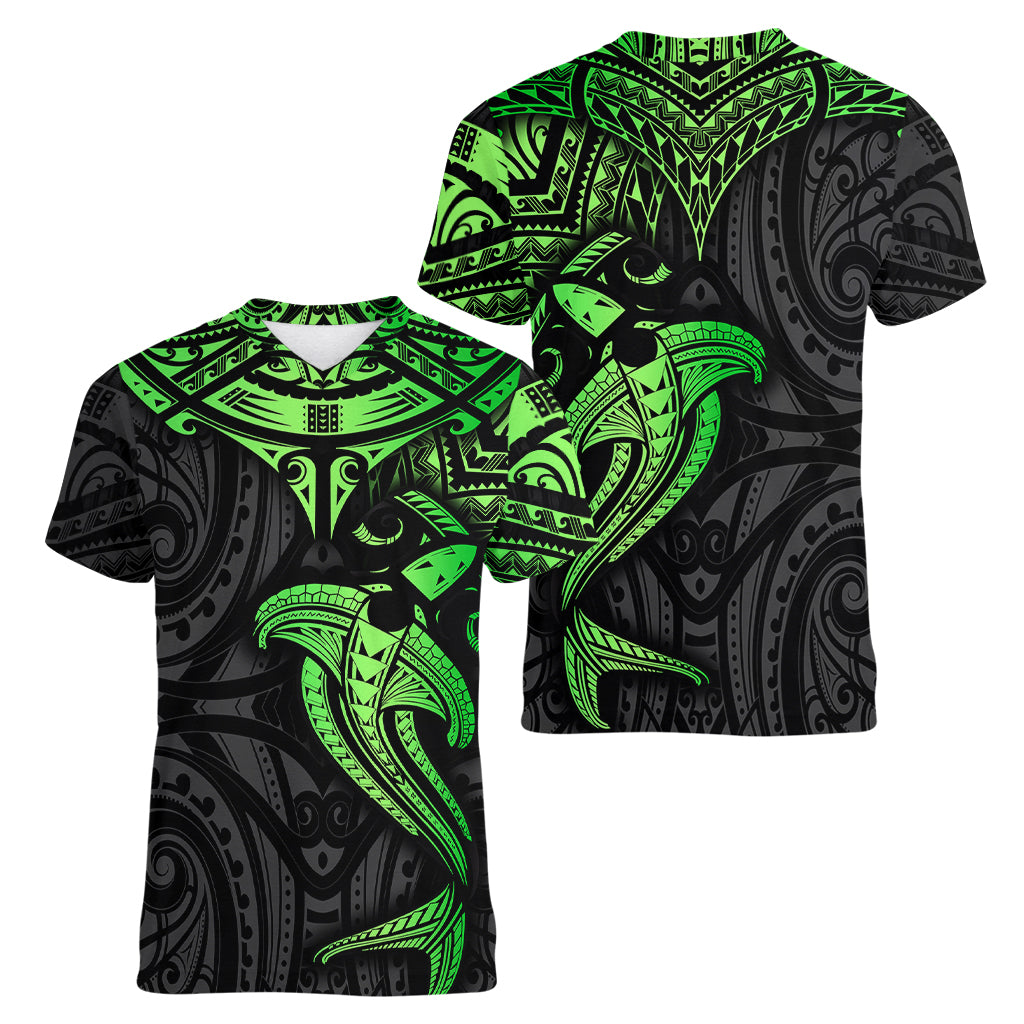 Polynesian Women V Neck T Shirt Hammerhead Shark Tribal Pattern Black Green Version TS04 - Polynesian Pride