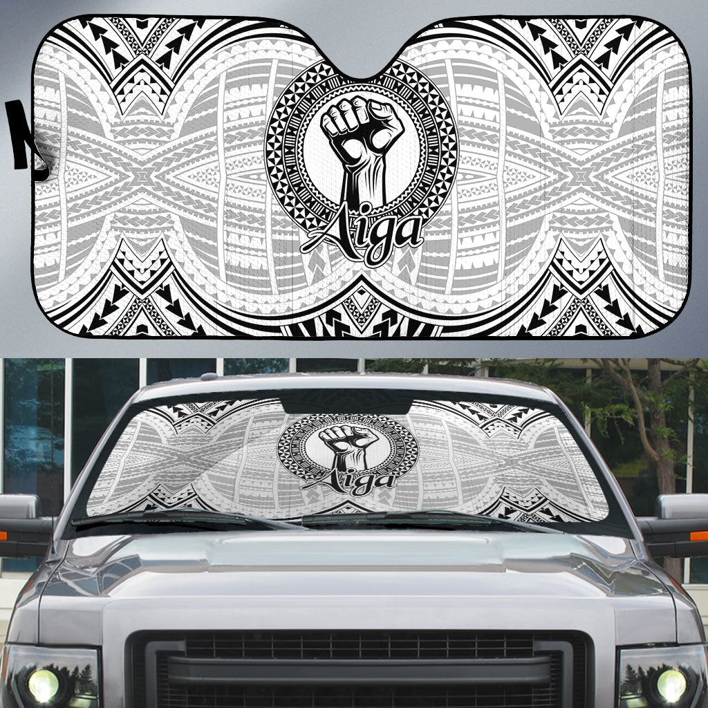 Aiga Samoa Raised Fist Auto Sun Shade Polynesian Tribal Tattoo Art Family Pride TS04 White Black - Polynesian Pride
