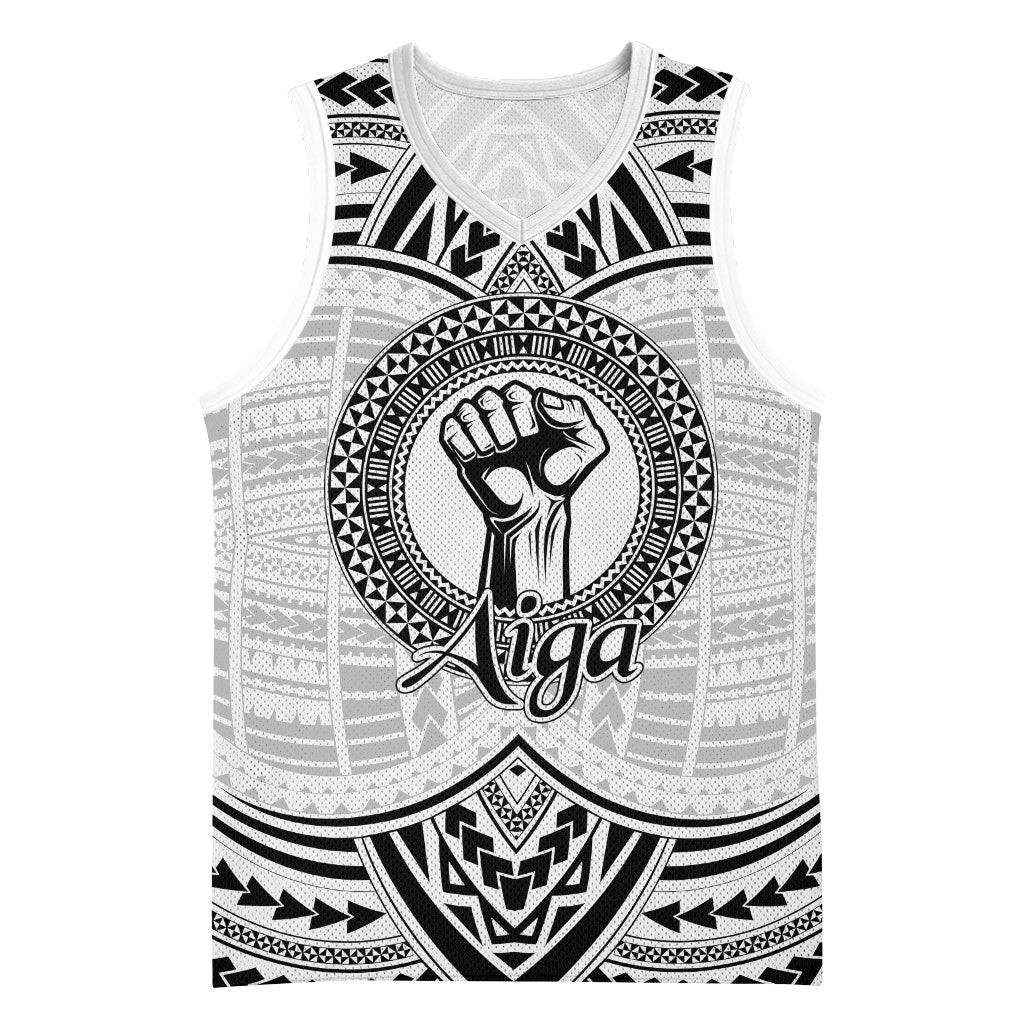 Aiga Samoa Raised Fist Basketball Jersey Polynesian Tribal Tattoo Art Family Pride TS04 Unisex White Black - Polynesian Pride
