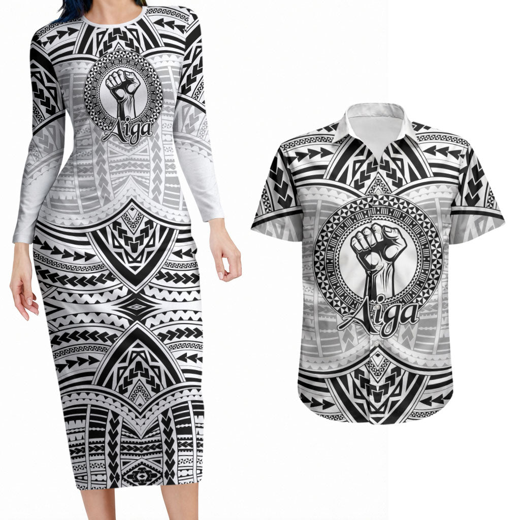 Aiga Samoa Raised Fist Couples Matching Long Sleeve Bodycon Dress and Hawaiian Shirt Polynesian Tribal Tattoo Art Family Pride TS04 White Black - Polynesian Pride