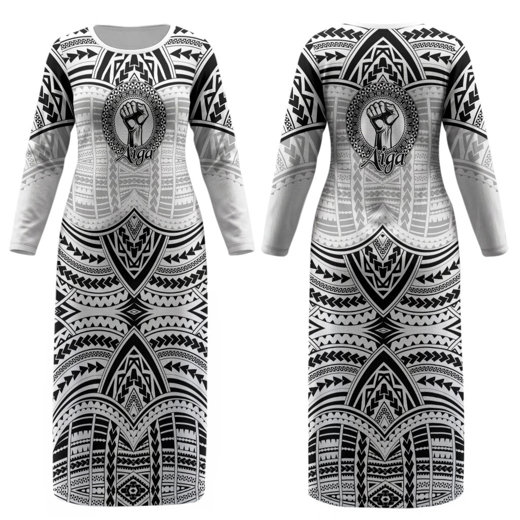 Aiga Samoa Raised Fist Couples Matching Long Sleeve Bodycon Dress and Hawaiian Shirt Polynesian Tribal Tattoo Art Family Pride TS04 - Polynesian Pride