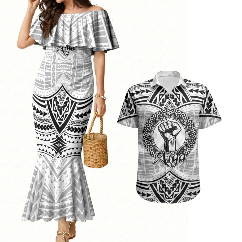 Aiga Samoa Raised Fist Couples Matching Mermaid Dress and Hawaiian Shirt Polynesian Tribal Tattoo Art Family Pride TS04 White Black - Polynesian Pride