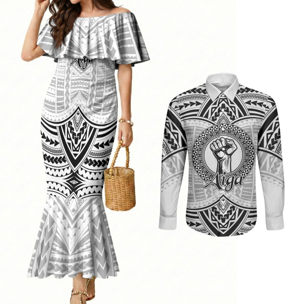 Aiga Samoa Raised Fist Couples Matching Mermaid Dress and Long Sleeve Button Shirt Polynesian Tribal Tattoo Art Family Pride TS04 White Black - Polynesian Pride
