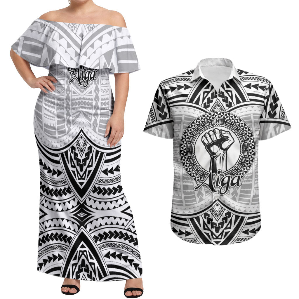 Aiga Samoa Raised Fist Couples Matching Off Shoulder Maxi Dress and Hawaiian Shirt Polynesian Tribal Tattoo Art Family Pride TS04 White Black - Polynesian Pride