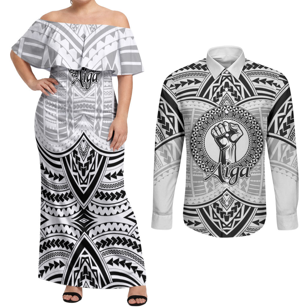 Aiga Samoa Raised Fist Couples Matching Off Shoulder Maxi Dress and Long Sleeve Button Shirt Polynesian Tribal Tattoo Art Family Pride TS04 White Black - Polynesian Pride