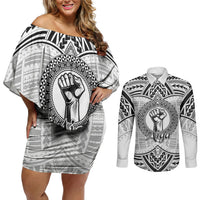 Aiga Samoa Raised Fist Couples Matching Off Shoulder Short Dress and Long Sleeve Button Shirt Polynesian Tribal Tattoo Art Family Pride TS04 White Black - Polynesian Pride
