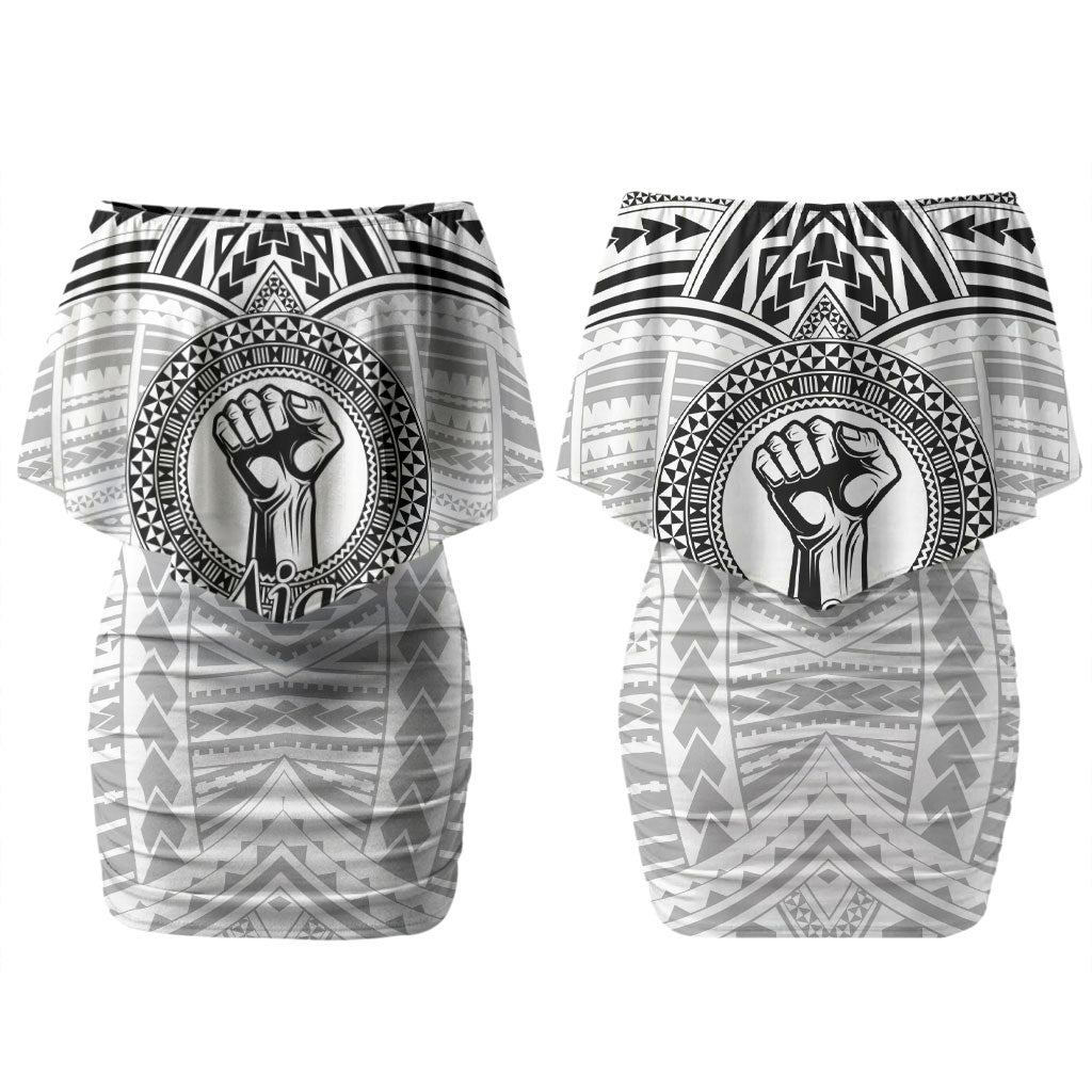Aiga Samoa Raised Fist Couples Matching Off Shoulder Short Dress and Long Sleeve Button Shirt Polynesian Tribal Tattoo Art Family Pride TS04 - Polynesian Pride