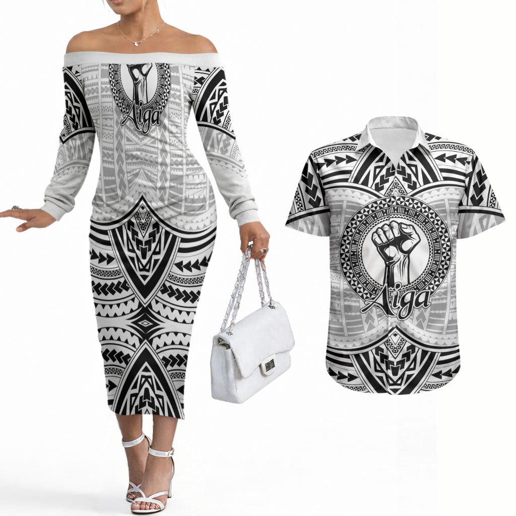 Aiga Samoa Raised Fist Couples Matching Off The Shoulder Long Sleeve Dress and Hawaiian Shirt Polynesian Tribal Tattoo Art Family Pride TS04 White Black - Polynesian Pride