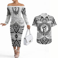 Aiga Samoa Raised Fist Couples Matching Off The Shoulder Long Sleeve Dress and Hawaiian Shirt Polynesian Tribal Tattoo Art Family Pride TS04 White Black - Polynesian Pride