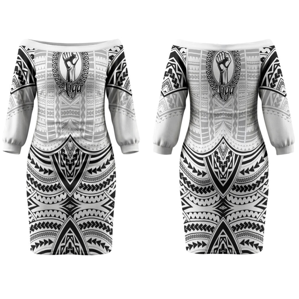 Aiga Samoa Raised Fist Couples Matching Off The Shoulder Long Sleeve Dress and Hawaiian Shirt Polynesian Tribal Tattoo Art Family Pride TS04 - Polynesian Pride