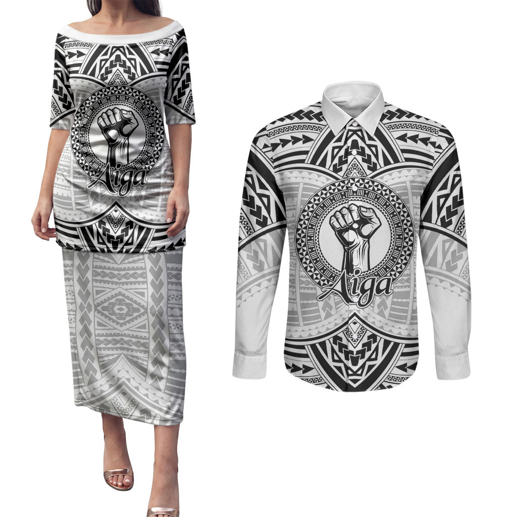 Aiga Samoa Raised Fist Couples Matching Puletasi and Long Sleeve Button Shirt Polynesian Tribal Tattoo Art Family Pride TS04 White Black - Polynesian Pride