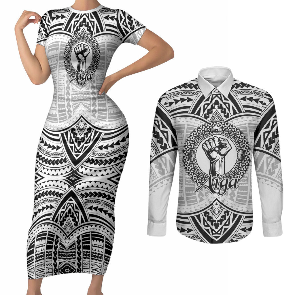 Aiga Samoa Raised Fist Couples Matching Short Sleeve Bodycon Dress and Long Sleeve Button Shirt Polynesian Tribal Tattoo Art Family Pride TS04 White Black - Polynesian Pride