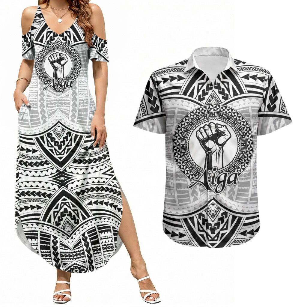 Aiga Samoa Raised Fist Couples Matching Summer Maxi Dress and Hawaiian Shirt Polynesian Tribal Tattoo Art Family Pride TS04 White Black - Polynesian Pride