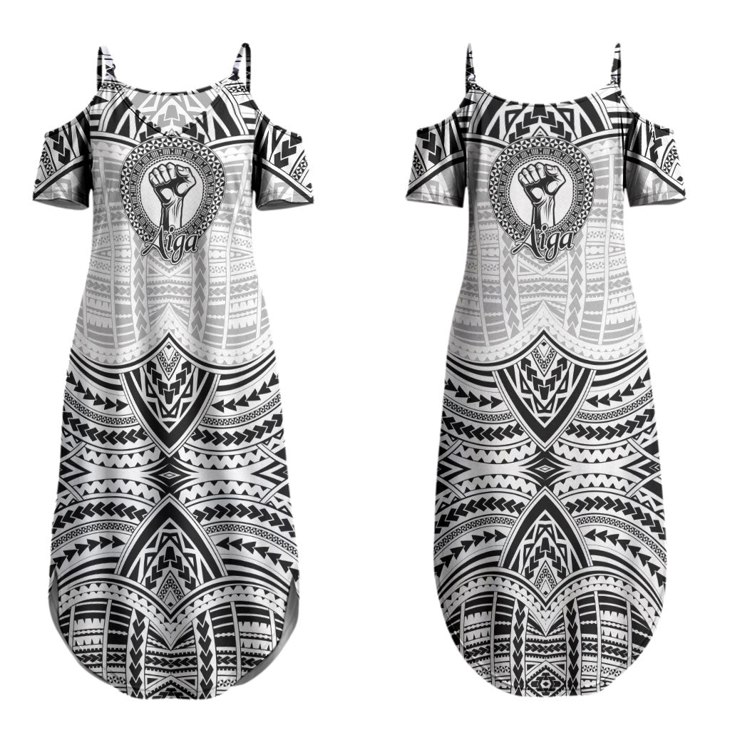 Aiga Samoa Raised Fist Couples Matching Summer Maxi Dress and Long Sleeve Button Shirt Polynesian Tribal Tattoo Art Family Pride TS04 - Polynesian Pride