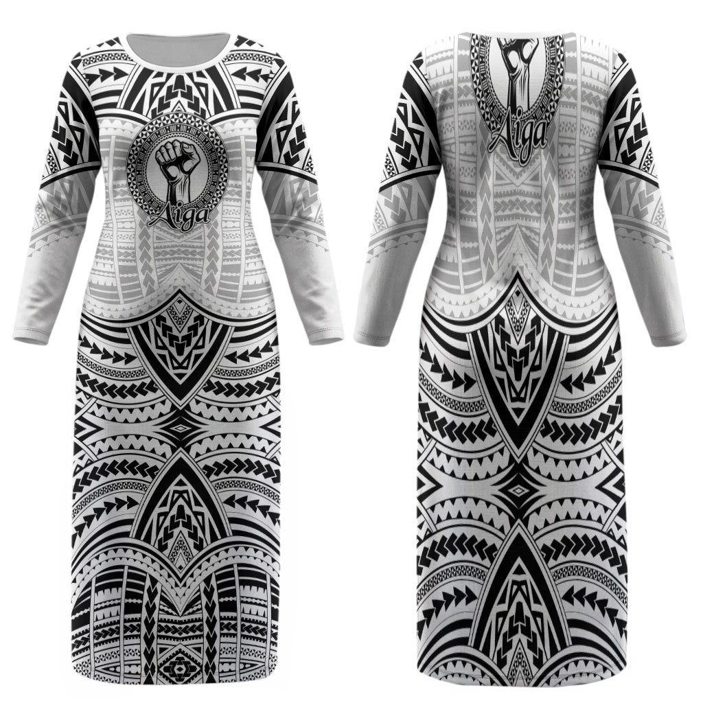 Aiga Samoa Raised Fist Family Matching Long Sleeve Bodycon Dress and Hawaiian Shirt Polynesian Tribal Tattoo Art Family Pride TS04 Mom's Dress White Black - Polynesian Pride