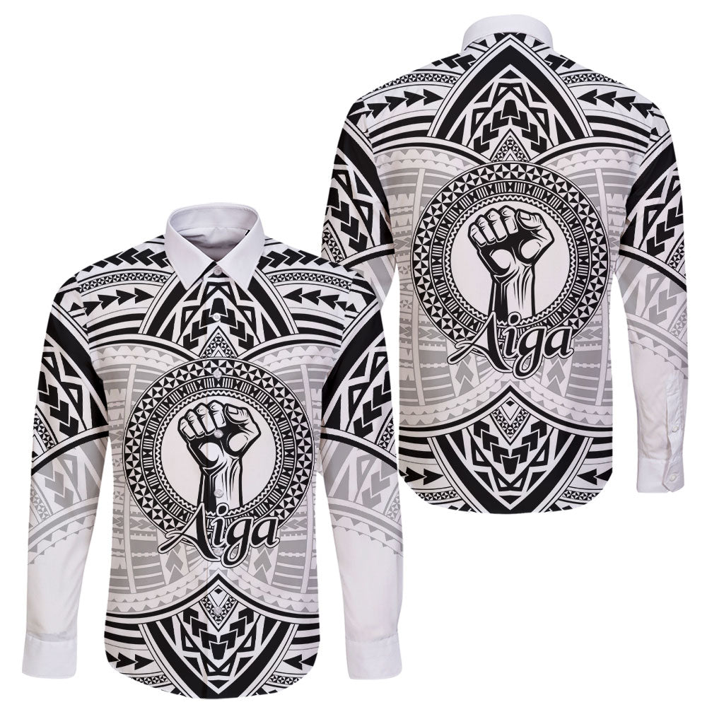 Aiga Samoa Raised Fist Family Matching Long Sleeve Bodycon Dress and Hawaiian Shirt Polynesian Tribal Tattoo Art Family Pride TS04 Dad's Shirt - Long Sleeve White Black - Polynesian Pride