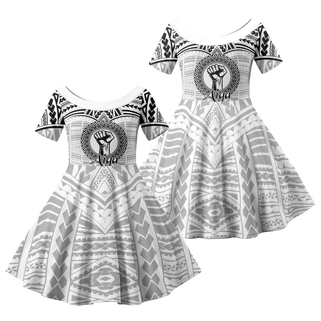 Aiga Samoa Raised Fist Family Matching Long Sleeve Bodycon Dress and Hawaiian Shirt Polynesian Tribal Tattoo Art Family Pride TS04 Daughter's Dress White Black - Polynesian Pride