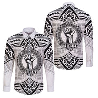 Aiga Samoa Raised Fist Family Matching Off The Shoulder Long Sleeve Dress and Hawaiian Shirt Polynesian Tribal Tattoo Art Family Pride TS04 Dad's Shirt - Long Sleeve White Black - Polynesian Pride