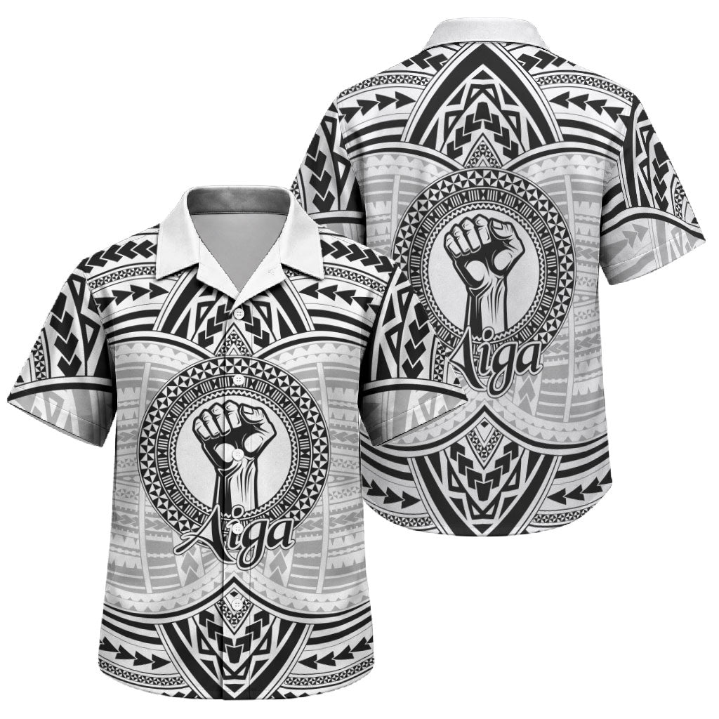 Aiga Samoa Raised Fist Family Matching Off The Shoulder Long Sleeve Dress and Hawaiian Shirt Polynesian Tribal Tattoo Art Family Pride TS04 Son's Shirt White Black - Polynesian Pride