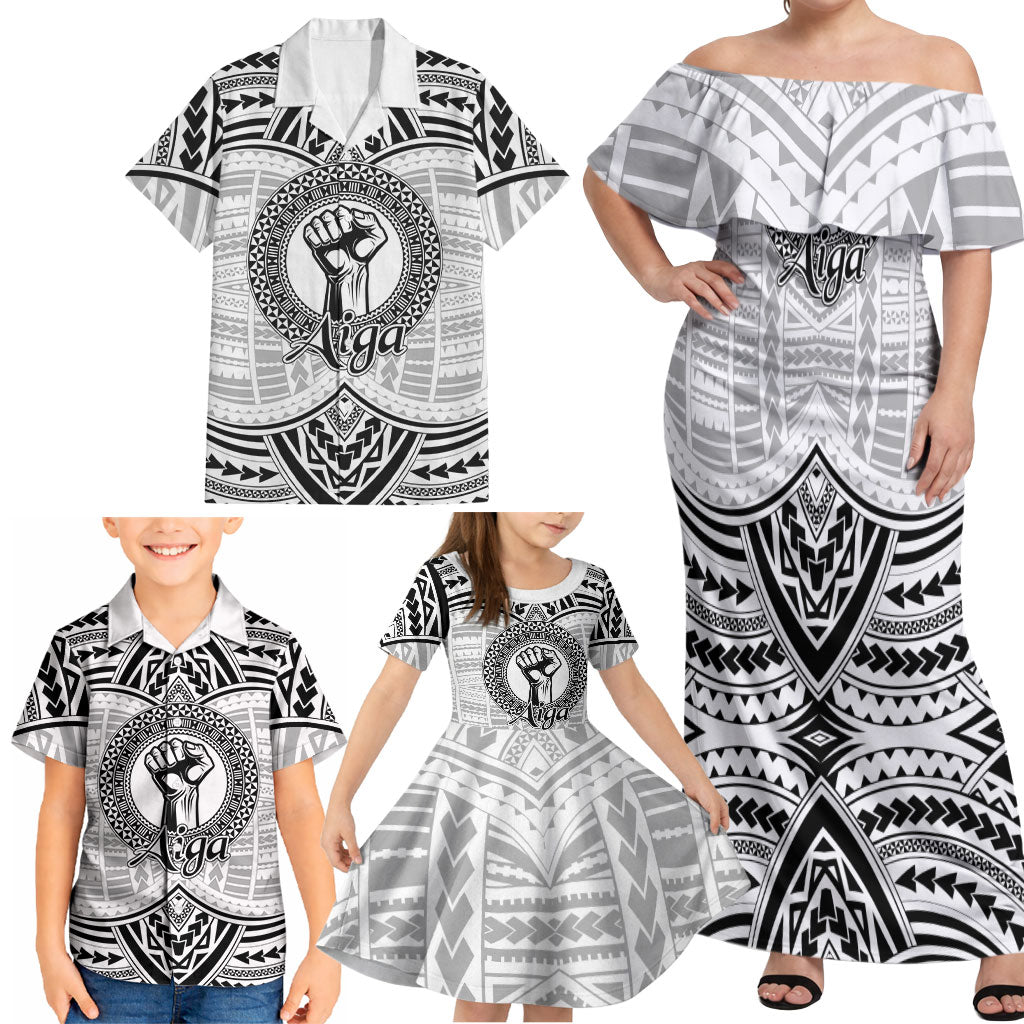 Aiga Samoa Raised Fist Family Matching Off Shoulder Maxi Dress and Hawaiian Shirt Polynesian Tribal Tattoo Art Family Pride TS04 - Polynesian Pride