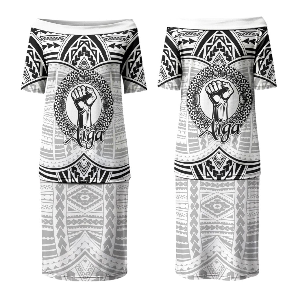 Aiga Samoa Raised Fist Family Matching Puletasi and Hawaiian Shirt Polynesian Tribal Tattoo Art Family Pride TS04 Mom's Dress White Black - Polynesian Pride