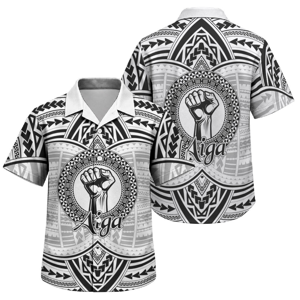 Aiga Samoa Raised Fist Family Matching Puletasi and Hawaiian Shirt Polynesian Tribal Tattoo Art Family Pride TS04 Son's Shirt White Black - Polynesian Pride