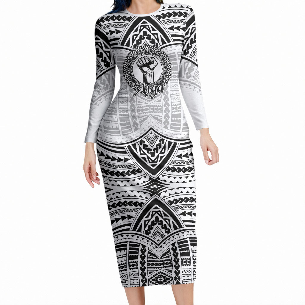 Aiga Samoa Raised Fist Long Sleeve Bodycon Dress Polynesian Tribal Tattoo Art Family Pride TS04 Long Dress White Black - Polynesian Pride