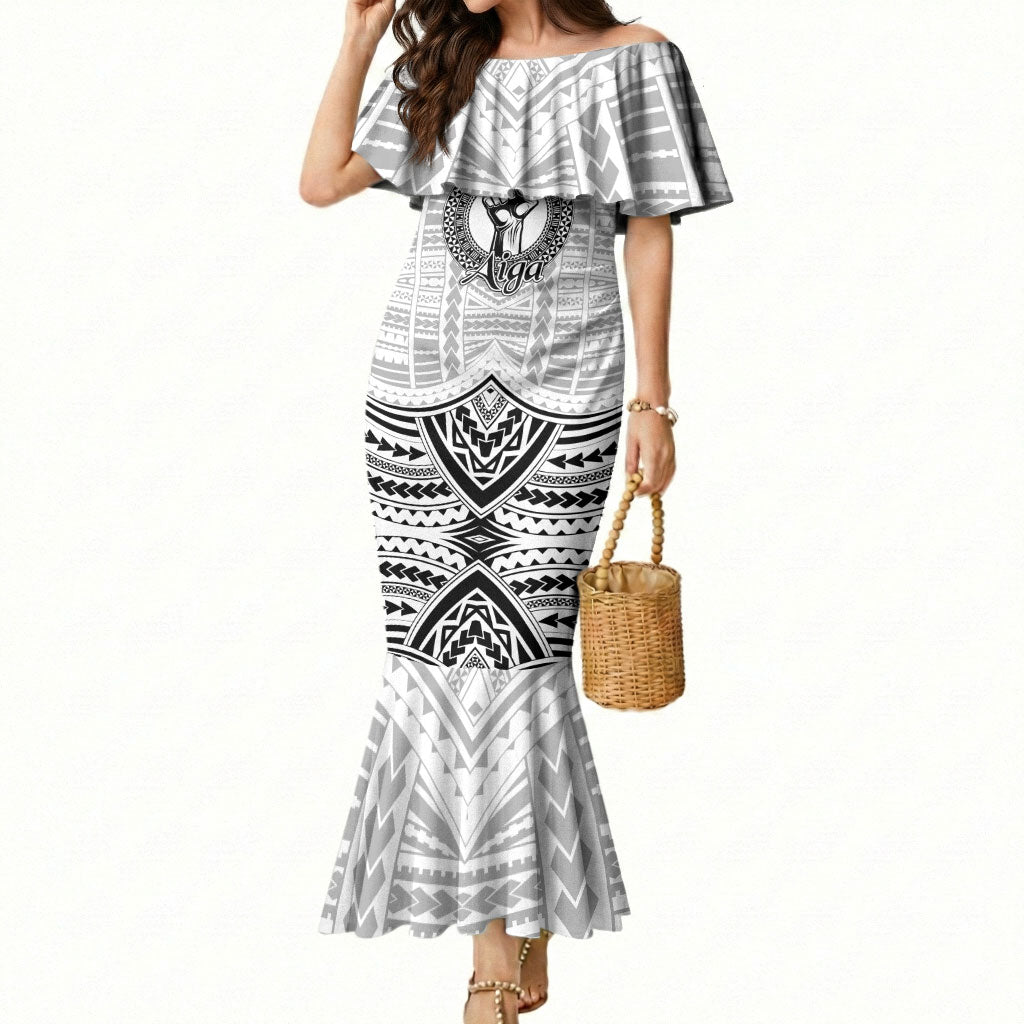 Aiga Samoa Raised Fist Mermaid Dress Polynesian Tribal Tattoo Art Family Pride TS04 Women White Black - Polynesian Pride