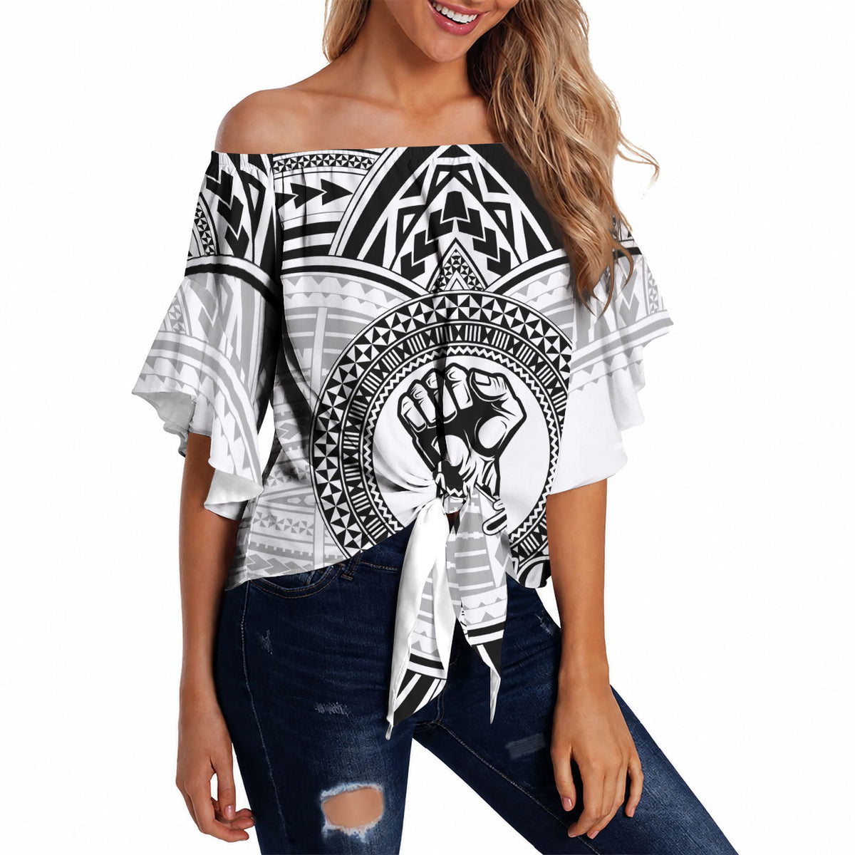 Aiga Samoa Raised Fist Off Shoulder Wrap Waist Top Polynesian Tribal Tattoo Art Family Pride TS04 White Black - Polynesian Pride