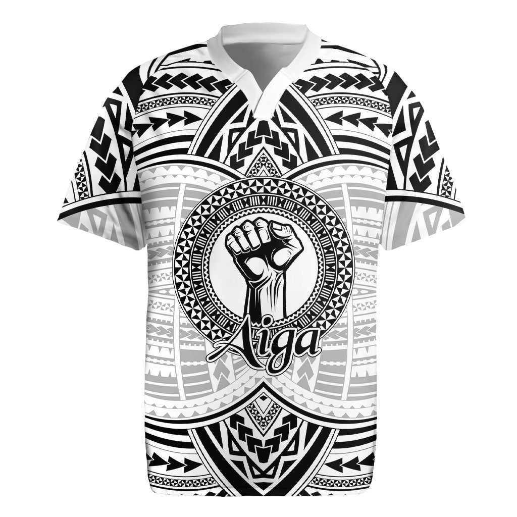Aiga Samoa Raised Fist Rugby Jersey Polynesian Tribal Tattoo Art Family Pride TS04 White Black - Polynesian Pride