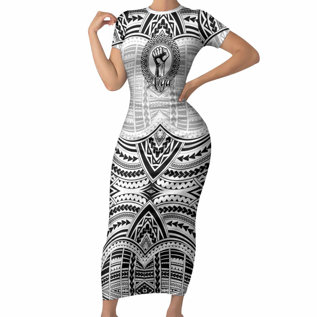 Aiga Samoa Raised Fist Short Sleeve Bodycon Dress Polynesian Tribal Tattoo Art Family Pride TS04 Long Dress White Black - Polynesian Pride