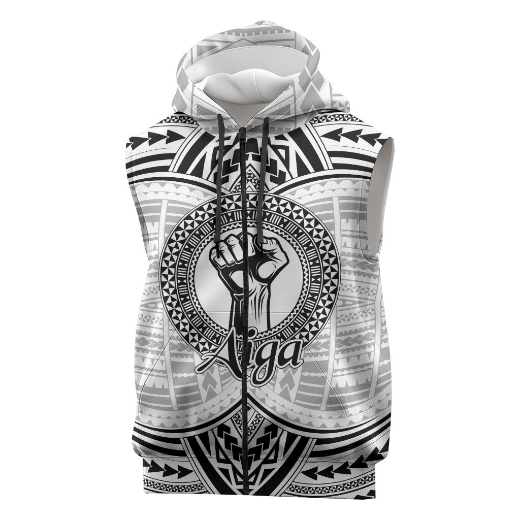 Aiga Samoa Raised Fist Sleeveless Zip Hoodie Polynesian Tribal Tattoo Art Family Pride TS04 White Black - Polynesian Pride