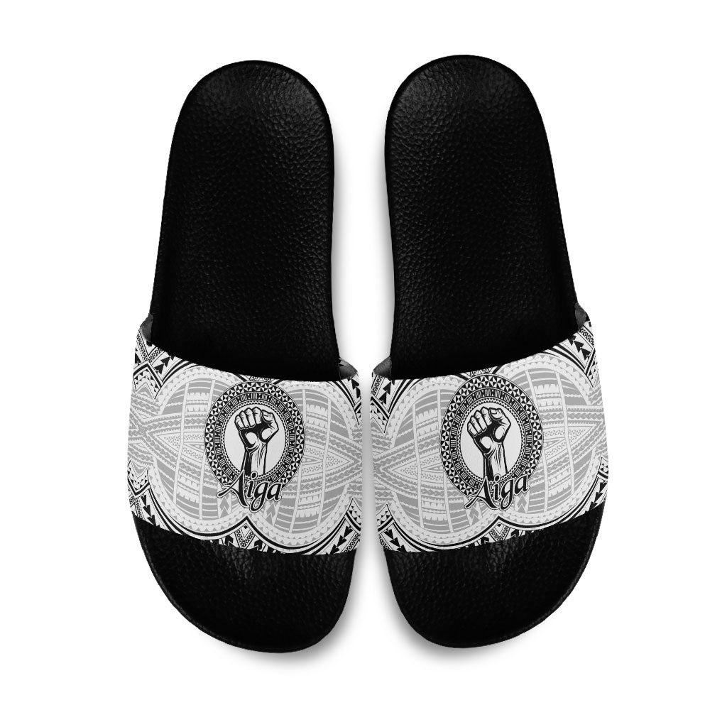 Aiga Samoa Raised Fist Slide Sandals Polynesian Tribal Tattoo Art Family Pride TS04 White Black - Polynesian Pride