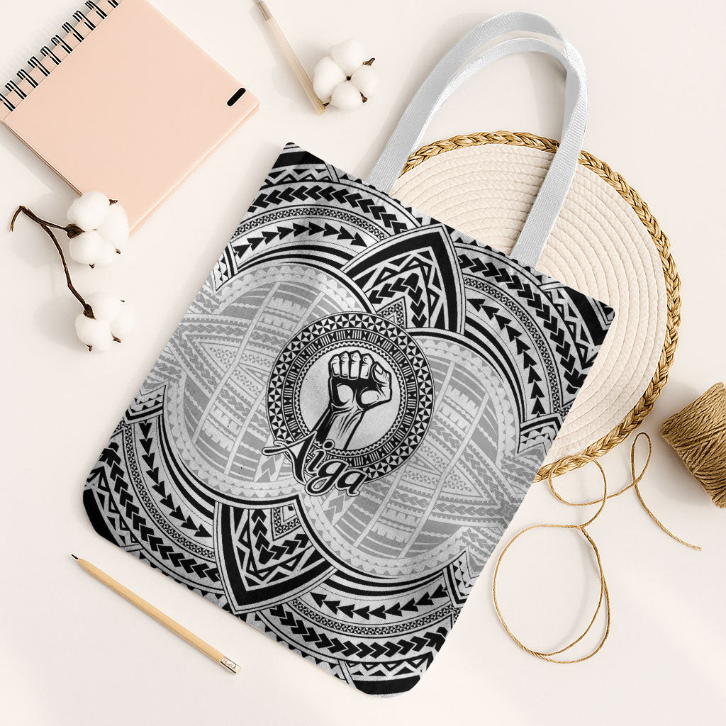 Aiga Samoa Raised Fist Tote Bag Polynesian Tribal Tattoo Art Family Pride TS04 White Strap One Size White Black - Polynesian Pride