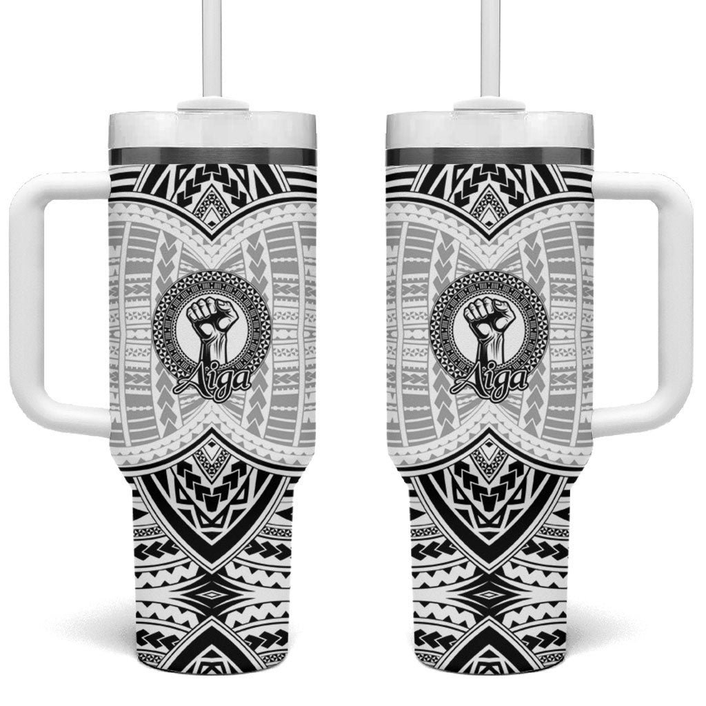 Aiga Samoa Raised Fist Tumbler With Handle Polynesian Tribal Tattoo Art Family Pride TS04 One Size: 40 oz White Black - Polynesian Pride