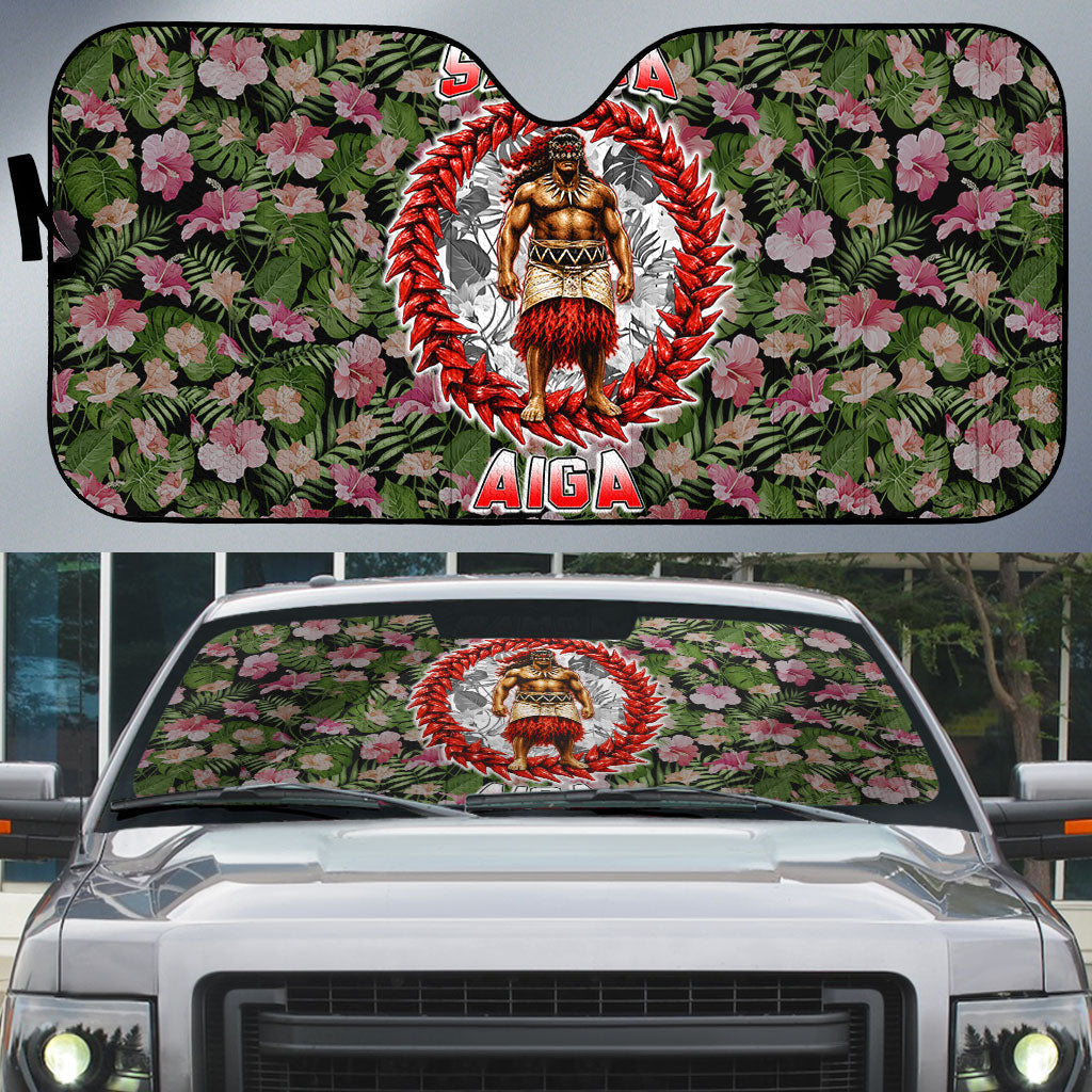 Samoa Aiga Polynesian Auto Sun Shade Tropical Floral Hibiscus Pattern Island Heritage TS04 Green Red - Polynesian Pride