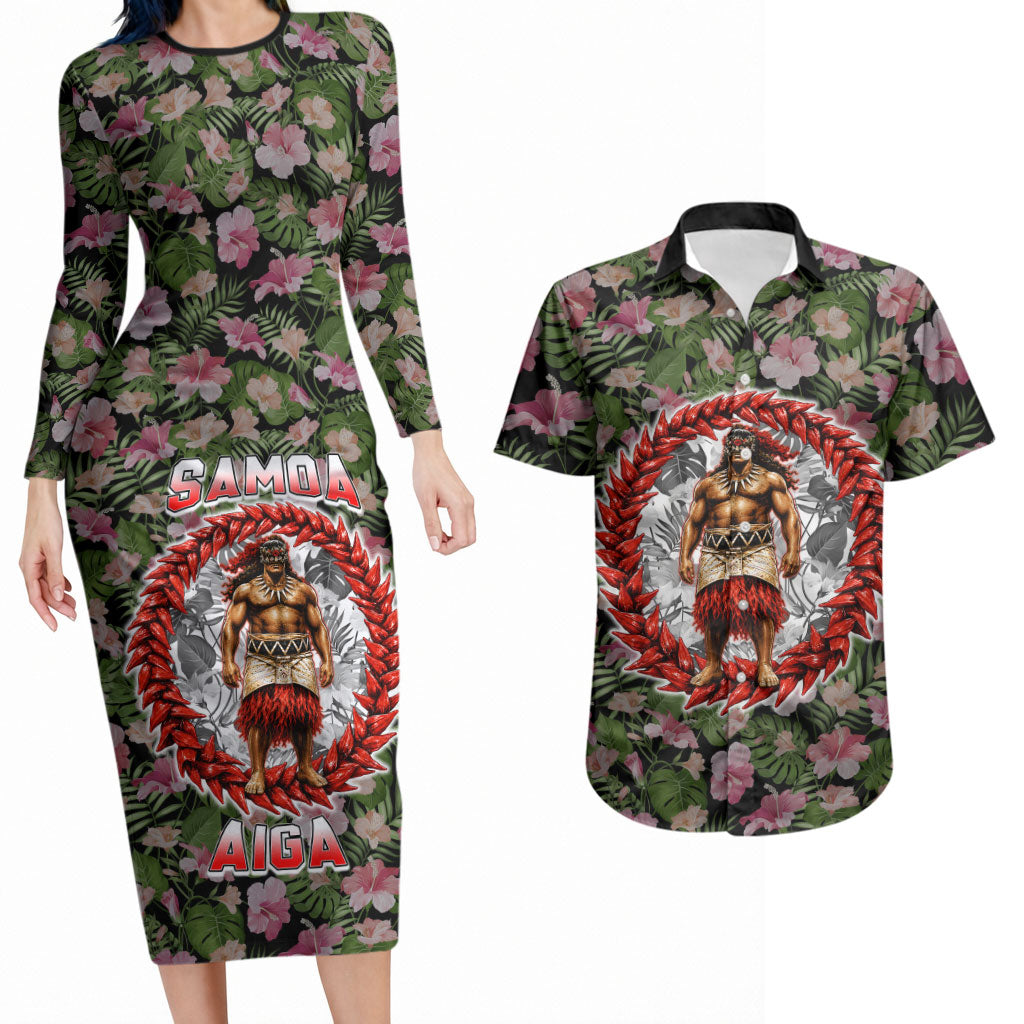 Samoa Aiga Polynesian Couples Matching Long Sleeve Bodycon Dress and Hawaiian Shirt Tropical Floral Hibiscus Pattern Island Heritage TS04 Green Red - Polynesian Pride