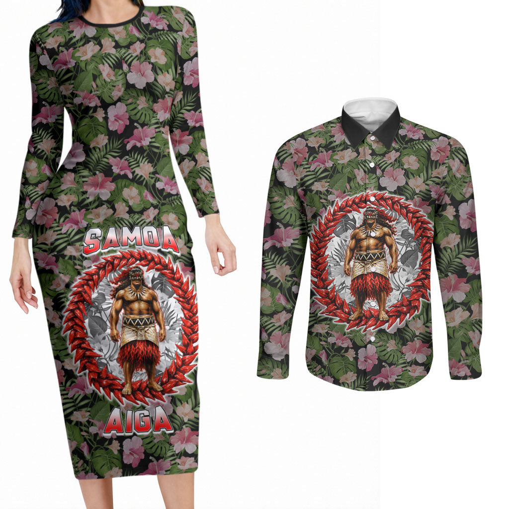 Samoa Aiga Polynesian Couples Matching Long Sleeve Bodycon Dress and Long Sleeve Button Shirt Tropical Floral Hibiscus Pattern Island Heritage TS04 Green Red - Polynesian Pride