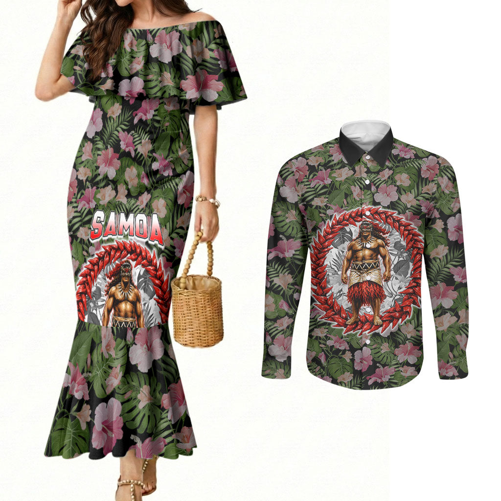 Samoa Aiga Polynesian Couples Matching Mermaid Dress and Long Sleeve Button Shirt Tropical Floral Hibiscus Pattern Island Heritage TS04 Green Red - Polynesian Pride