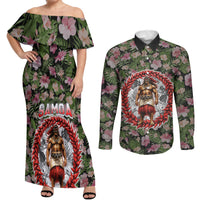 Samoa Aiga Polynesian Couples Matching Off Shoulder Maxi Dress and Long Sleeve Button Shirt Tropical Floral Hibiscus Pattern Island Heritage TS04 Green Red - Polynesian Pride