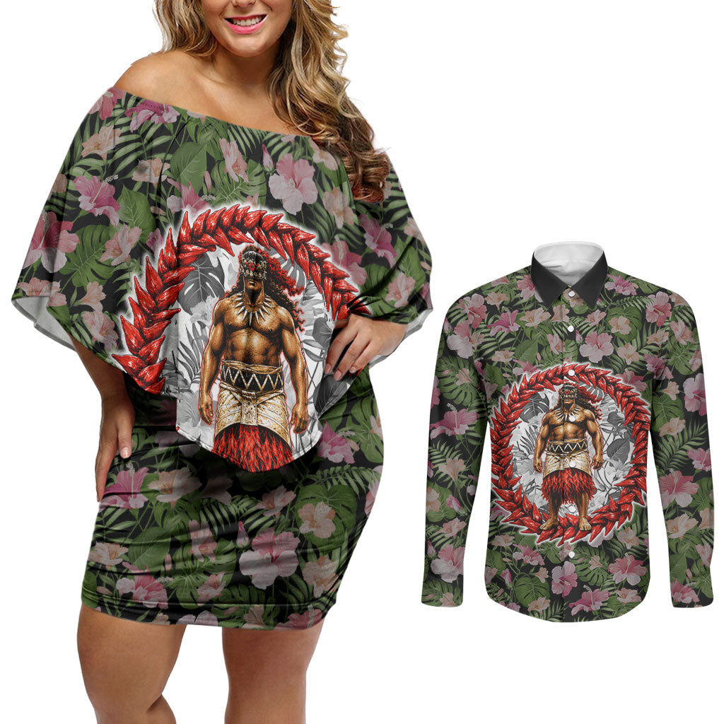 Samoa Aiga Polynesian Couples Matching Off Shoulder Short Dress and Long Sleeve Button Shirt Tropical Floral Hibiscus Pattern Island Heritage TS04 Green Red - Polynesian Pride